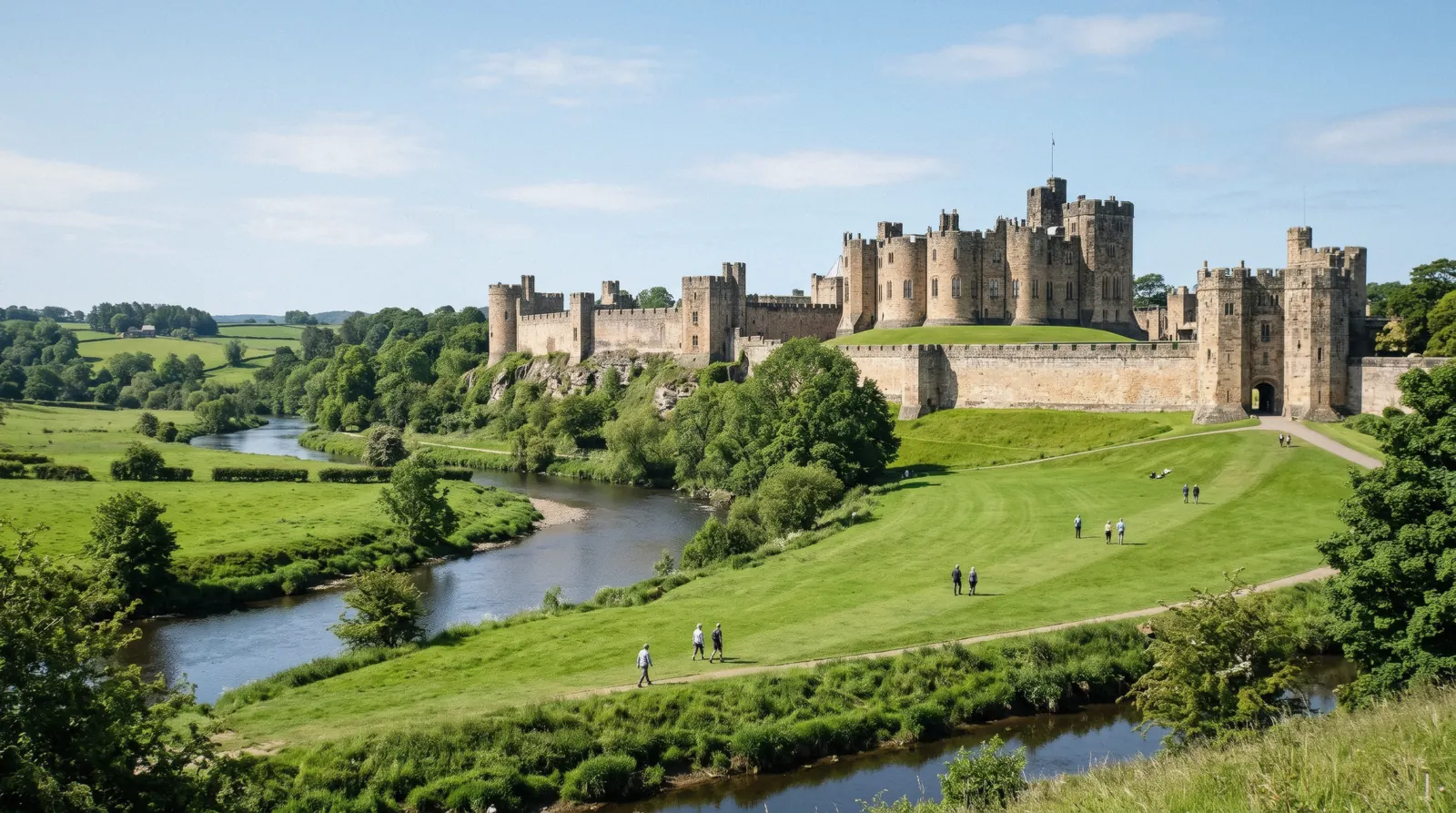 Alnwick Castle above the river Aln and its green meadows at 10:00 on a clear sunny day, alnwick castle