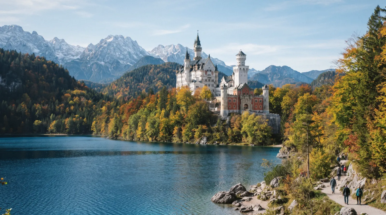 A white fairytale castle with slender towers on a forested hill above a bright blue lake at 10:00 on a clear autumn day, best castles in europe