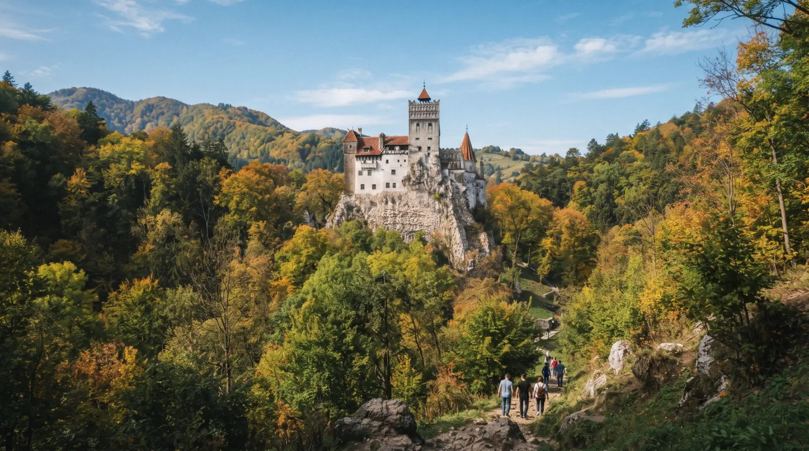 Bran Castle on its rock above autumn trees at 10:00 on a clear sunny day, bran castle