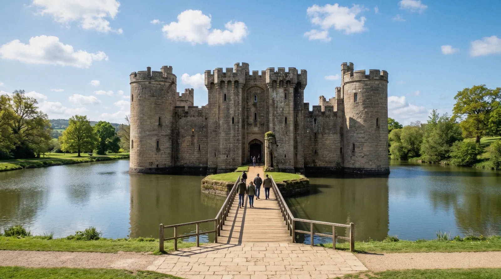 An English medieval castle with a wide moat and green lawns at 10:00 on a sunny day, castles in england