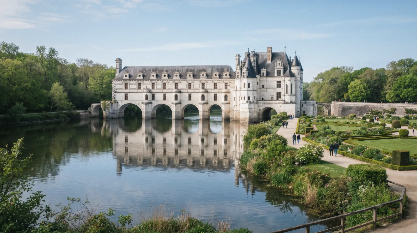 Château de Chenonceau with its arches spanning the river Cher at 09:30 on a clear spring morning, castles in france