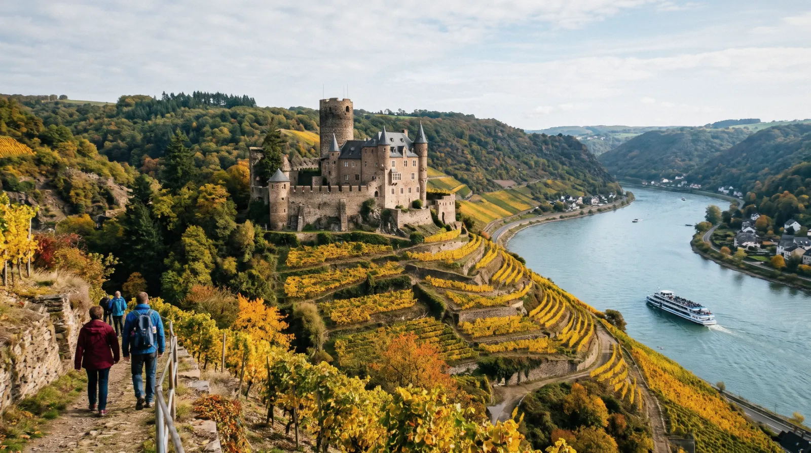 A Rhine valley castle on a vineyard slope above the river at 10:00 on a clear autumn day, castles in germany
