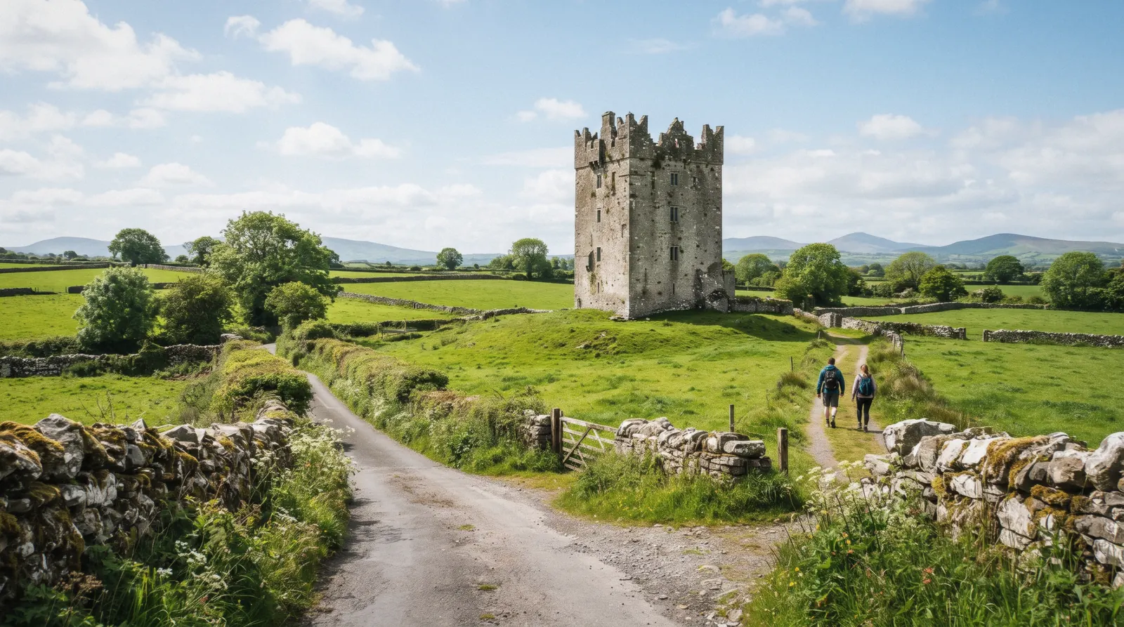 An Irish stone castle tower among bright green fields and stone walls at 10:00 on a sunny day with white clouds, castles in ireland