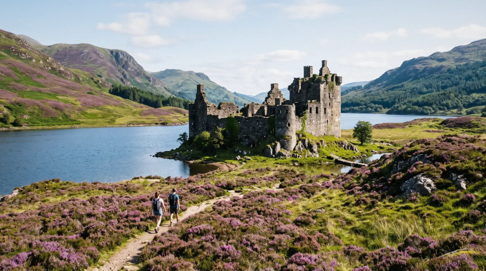 A ruined Scottish tower house by a sea loch in the Highlands at 09:00 on a bright clear morning, castles in scotland