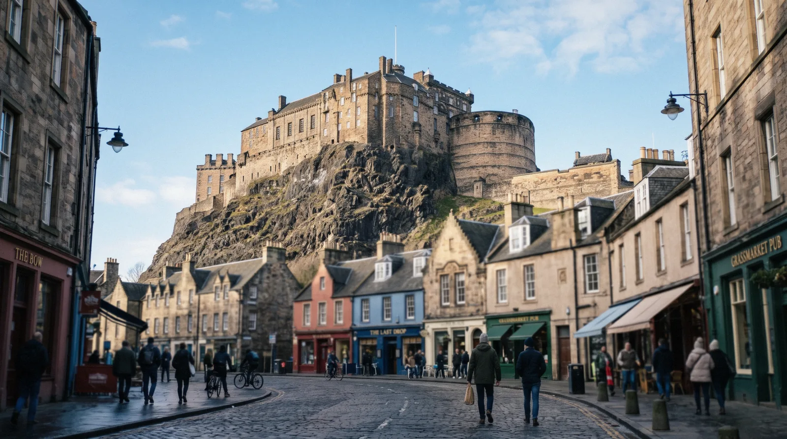 Edinburgh Castle on its volcanic rock seen from the Grassmarket at 09:00 on a crisp clear morning, edinburgh castle