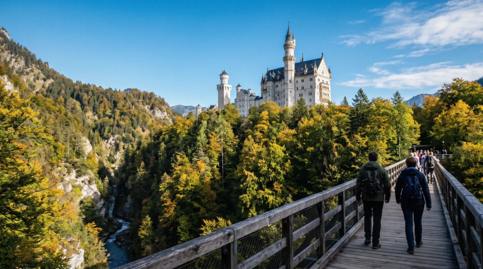Neuschwanstein Castle seen from Mary's Bridge (Marienbrücke) at 09:30 on a clear early autumn morning, neuschwanstein castle