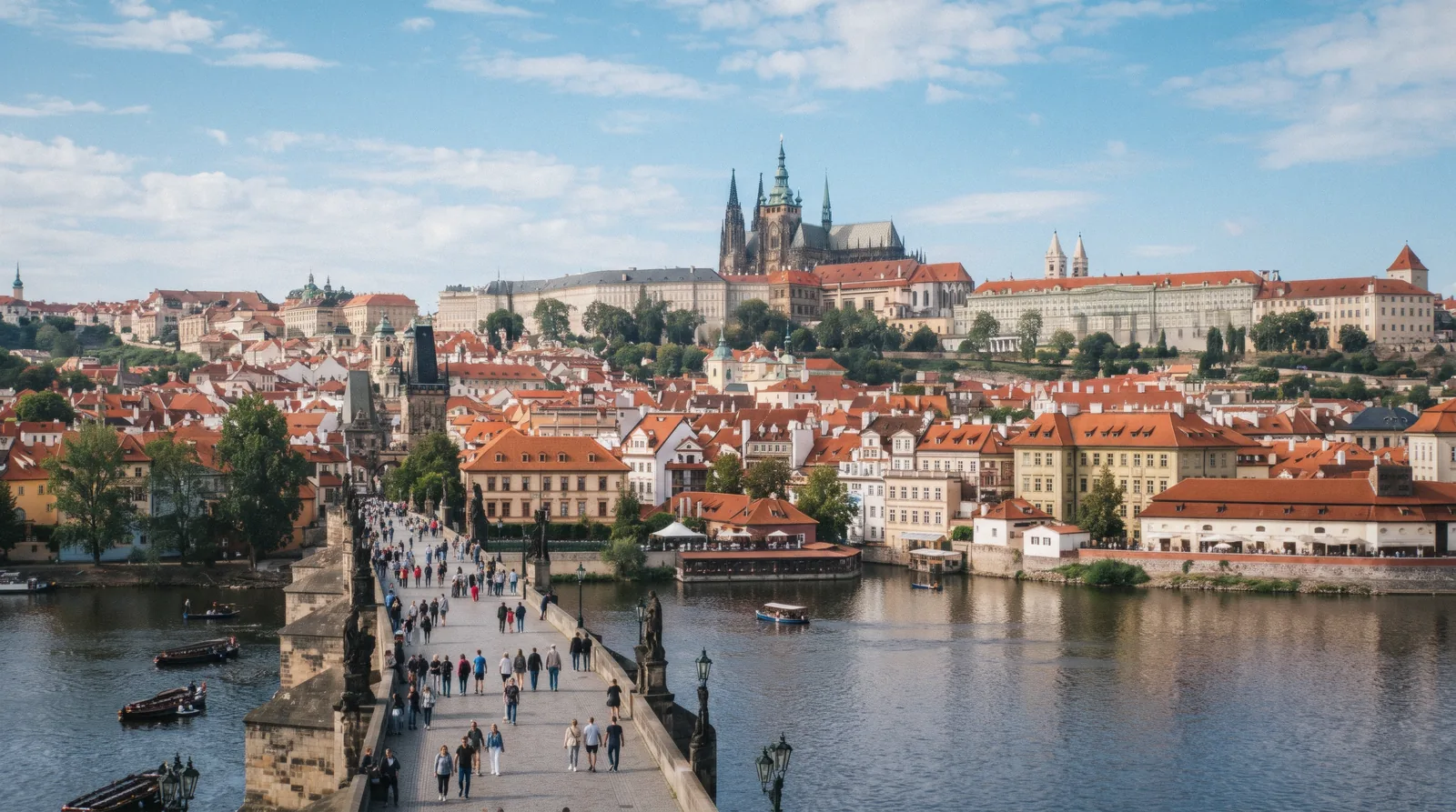 Prague Castle and St Vitus Cathedral's spires above the red roofs of Malá Strana, prague castle