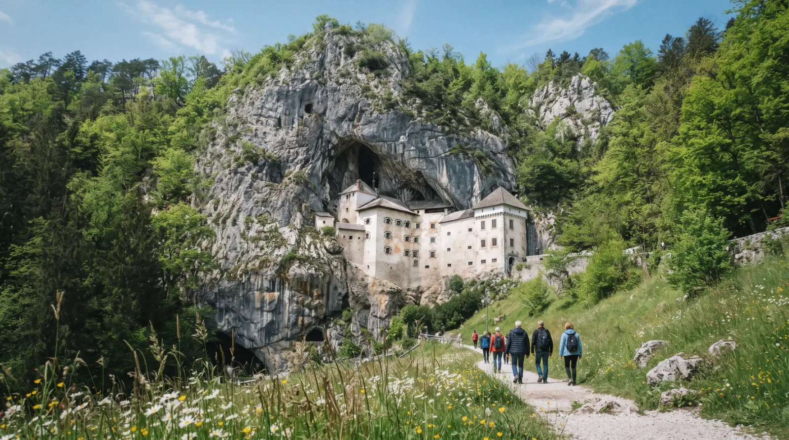 Predjama Castle built into the mouth of a cave in a tall grey cliff, predjama castle