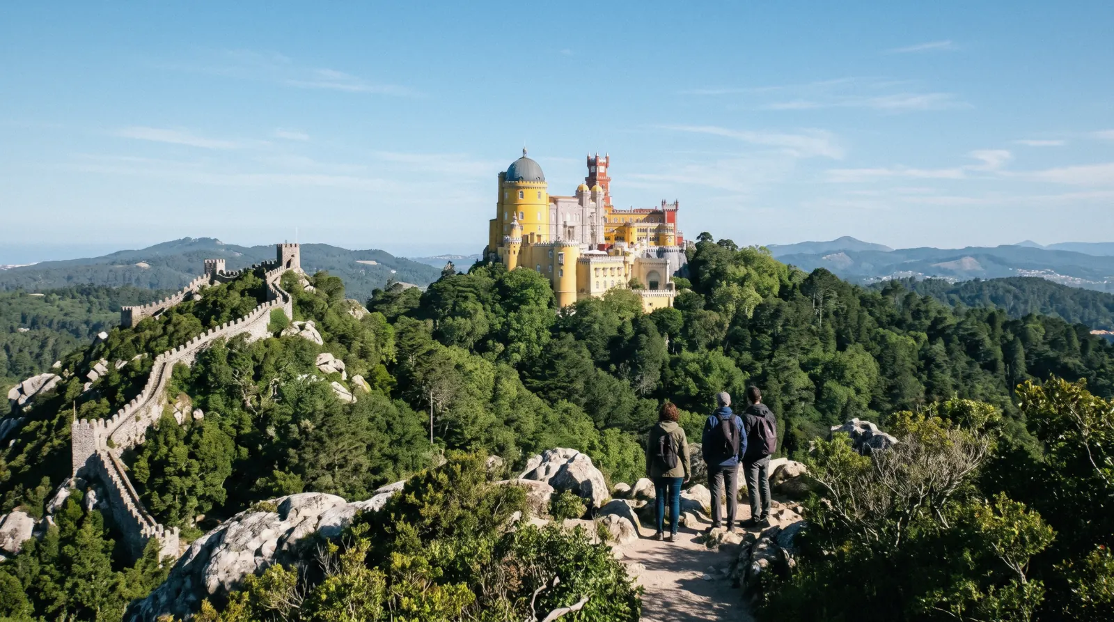 Pena Palace in Sintra with its yellow and red towers on the hilltop above green forest, sintra castle