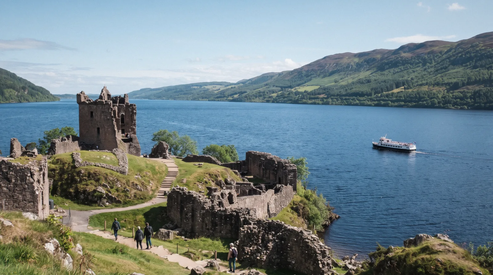 The ruined tower of Urquhart Castle on its promontory over Loch Ness at 10:30 on a bright clear day, urquhart castle