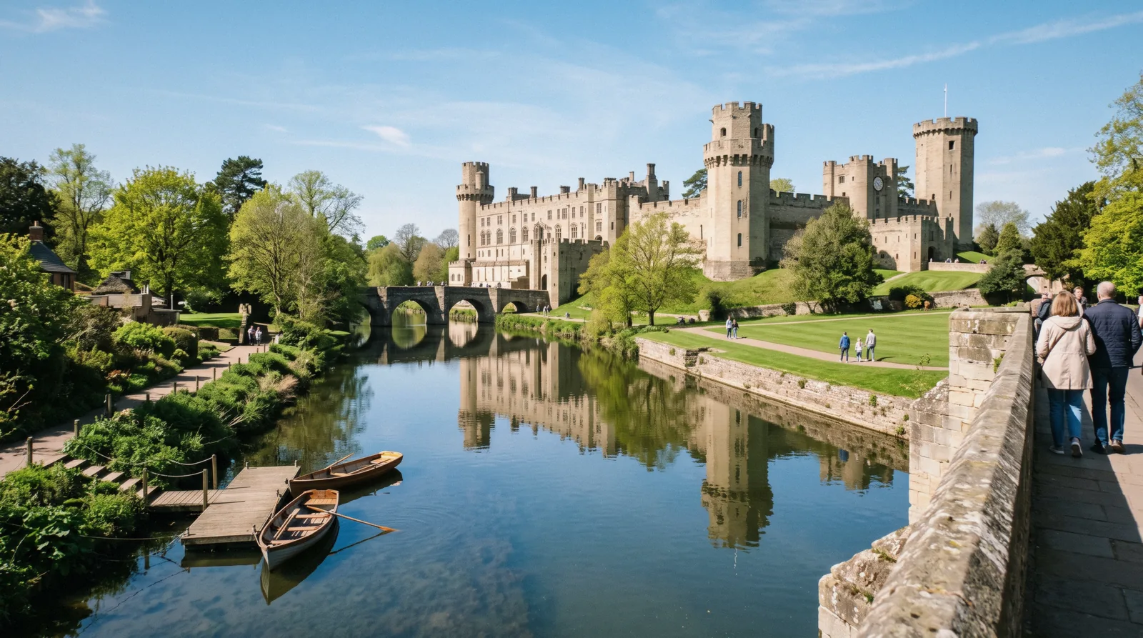 Warwick Castle's towers reflected in the river Avon from the Castle Bridge at 09:30 on a clear spring morning, warwick castle