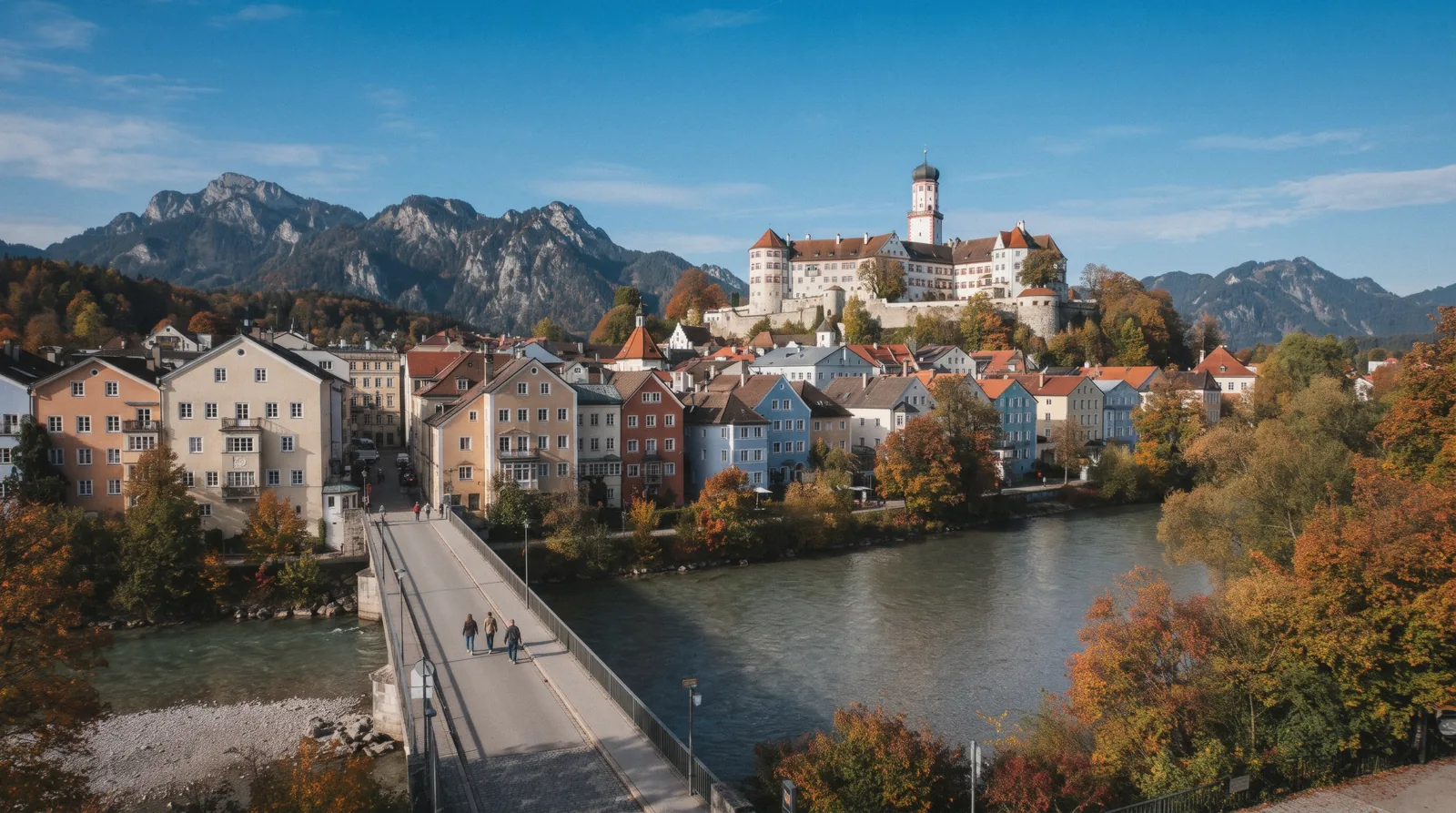 The old town of Füssen in Bavaria at 08:30 on a clear autumn morning, where to stay for castle tours