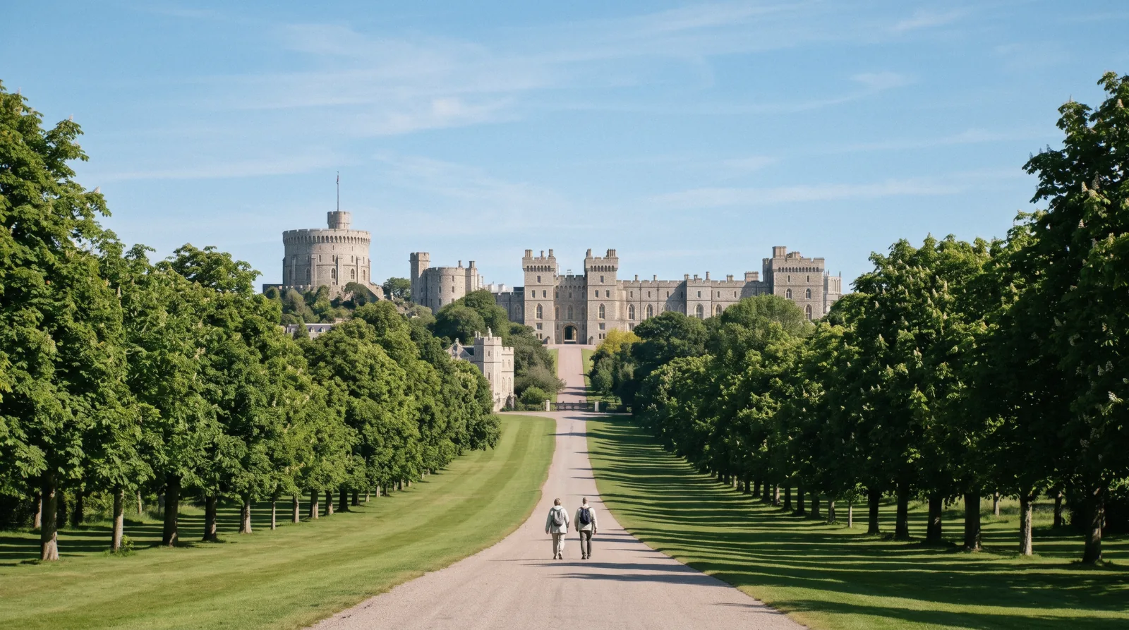 Windsor Castle's Round Tower and long walls seen from the end of the Long Walk at 09:00 on a clear sunny morning, windsor castle